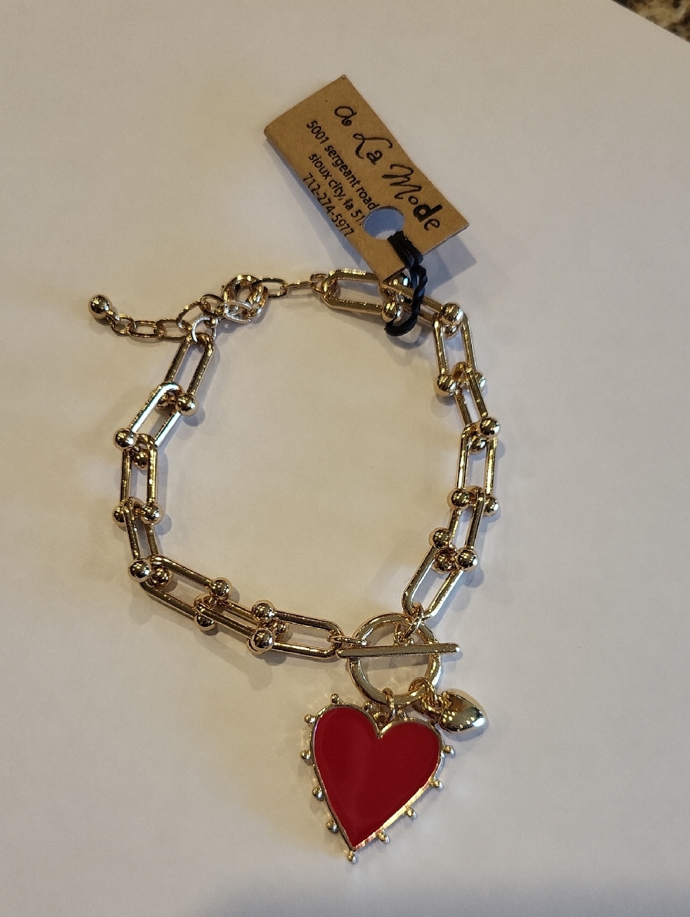 Gold Bracelet with Red Heart Charm